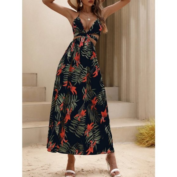 Black Tropical print Maxi dress with thigh slit - Picture 4 of 7